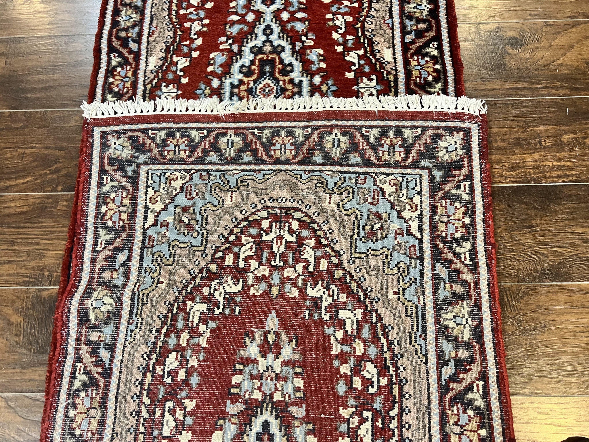 Indo Persian Runner Rug 2.8 x 14.8, Long Indo Kirman Hallway Rug, Red Floral Wool Vintage Handmade Oriental Runner by Jewel Rugs
