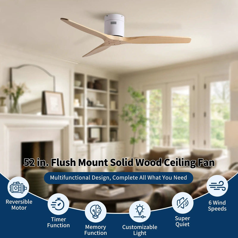 Low Profile Flush Ceiling Fan Without Light - Matte White / White by HouseOfZazla