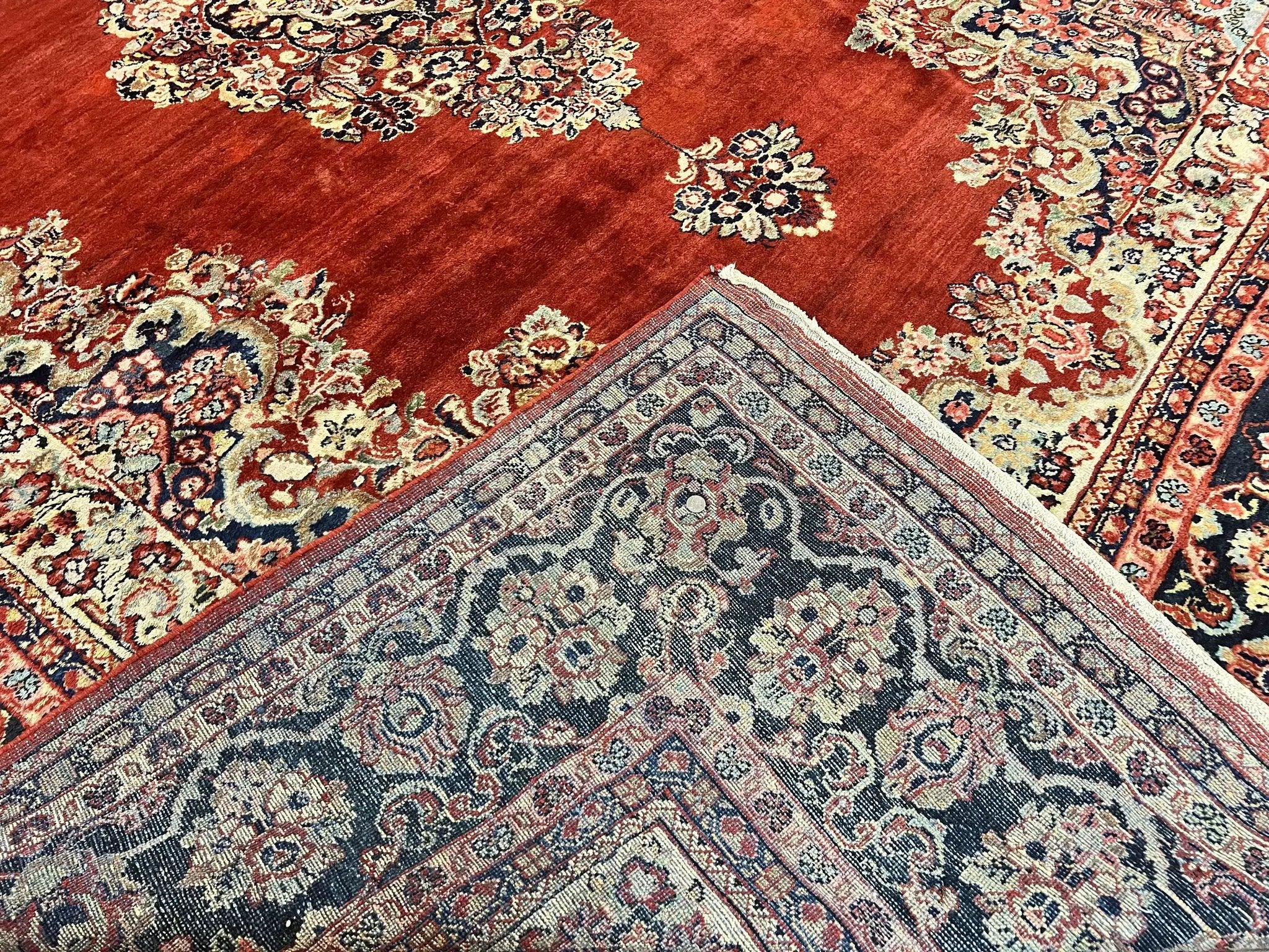 Persian Sarouk Rug 11x14, Semi Open Field, Large Antique Persian Wool Handmade Carpet, Red and Dark Blue, Floral by Jewel Rugs