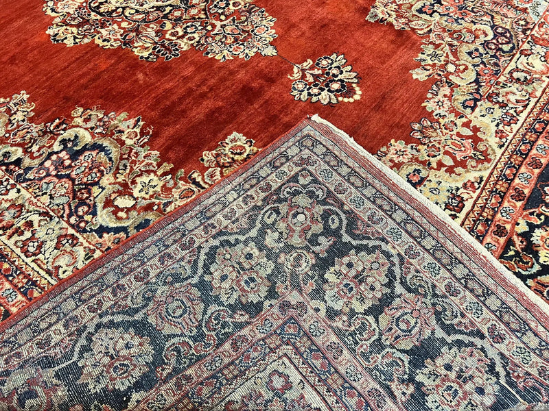 Persian Sarouk Rug 11x14, Semi Open Field, Large Antique Persian Wool Handmade Carpet, Red and Dark Blue, Floral by Jewel Rugs