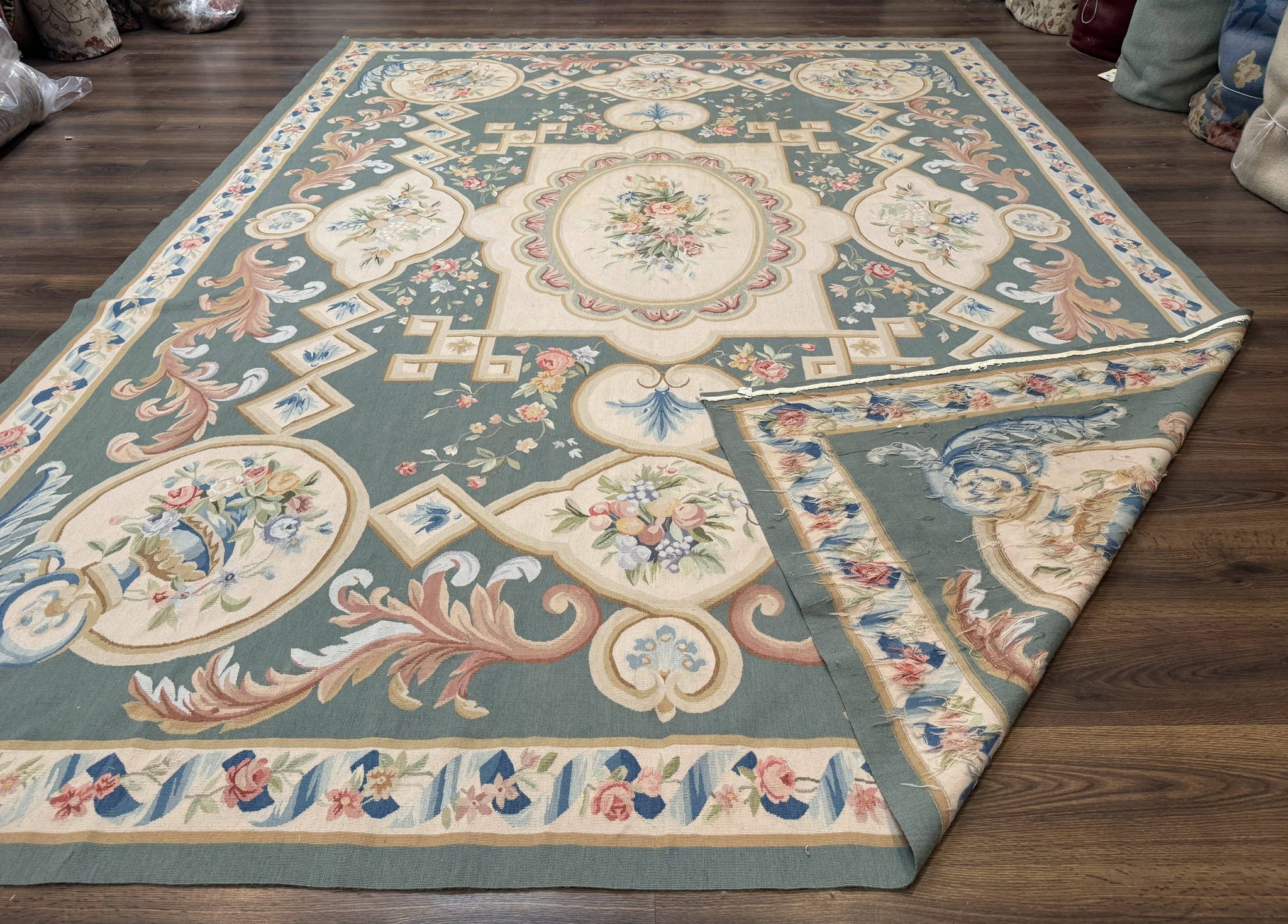 Aubusson Rug 9x12, Muted Sage Green and Cream, European Design by Jewel Rugs