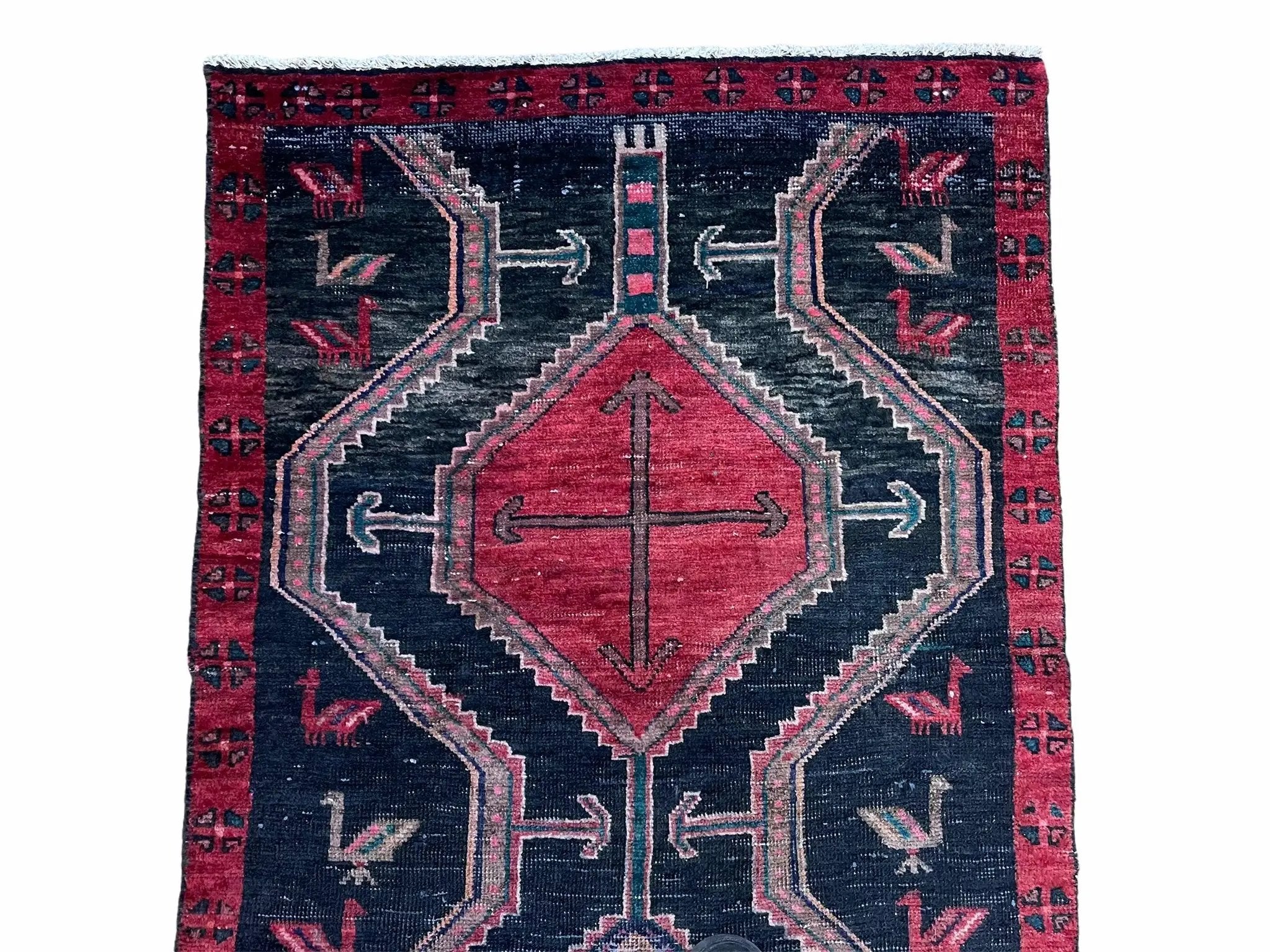 3 X 7 Handmade Wool Tribal Runner Rug Geometric Red Blue Boho Organic Dyes by Jewel Rugs