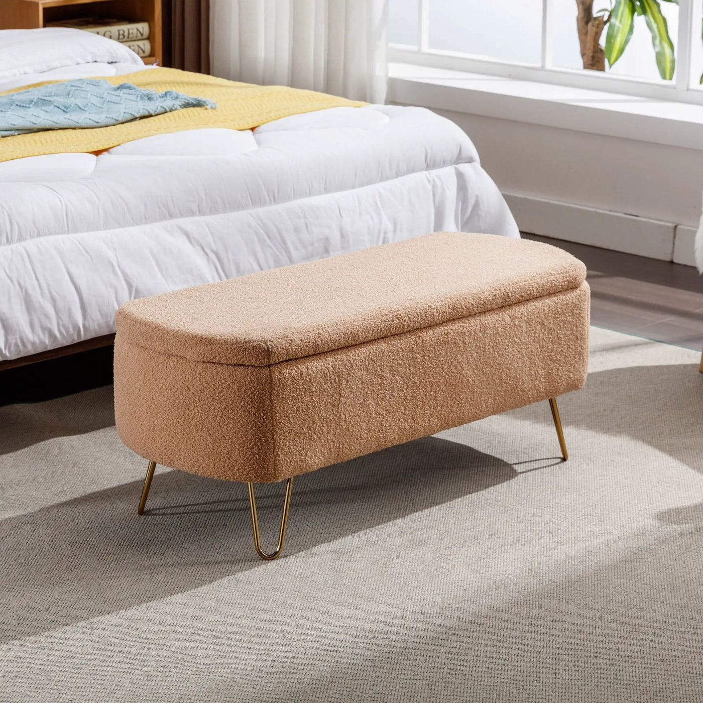Storage Ottoman Bench For End Of Bed Legs, Modern Camel Faux Fur Entryway Bench Upholstered Padded With Storage For Living Room Bedroom by Unique Piece Furniture