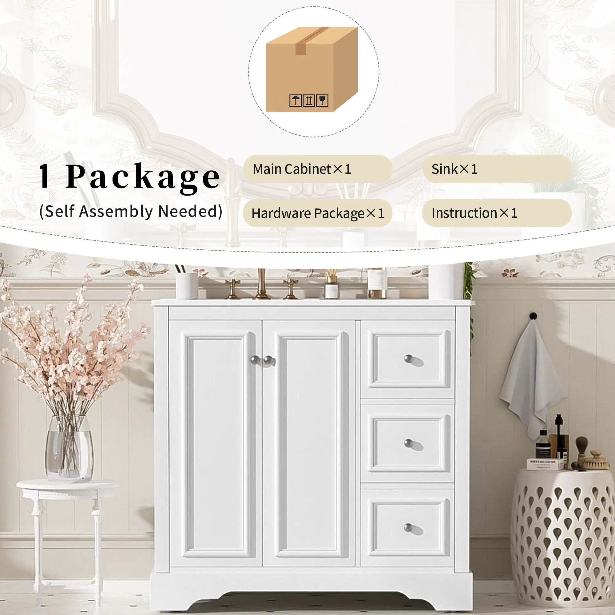 Bathroom Vanity With Sink, Soft-Close Doors, Adjustable U-Shelf, 3 Drawers by HouseOfZazla