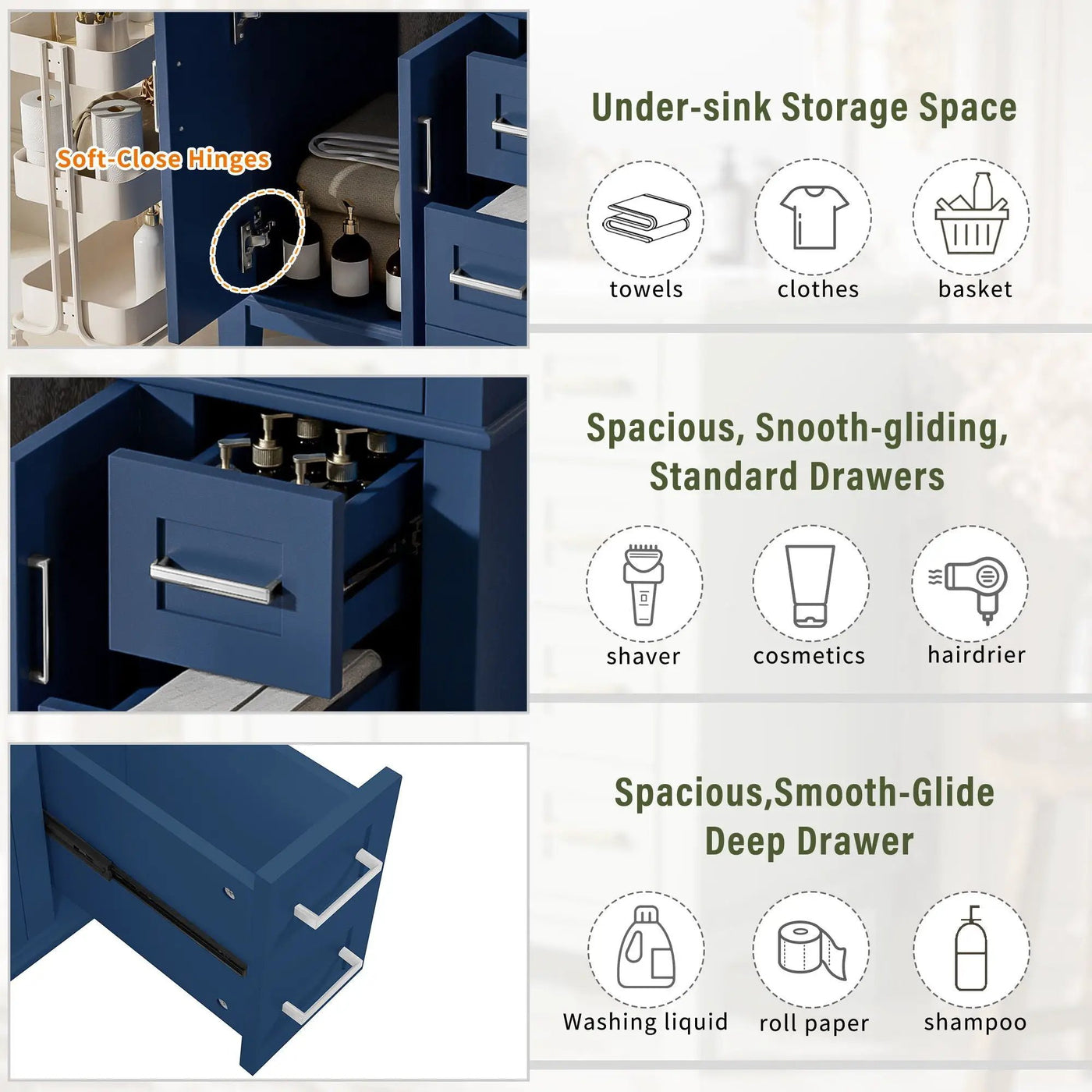 Modern Bathroom Vanity With Sink, Storage Cabinet, Soft Close Doors, Deep & Standard Drawers by Unique Piece Furniture