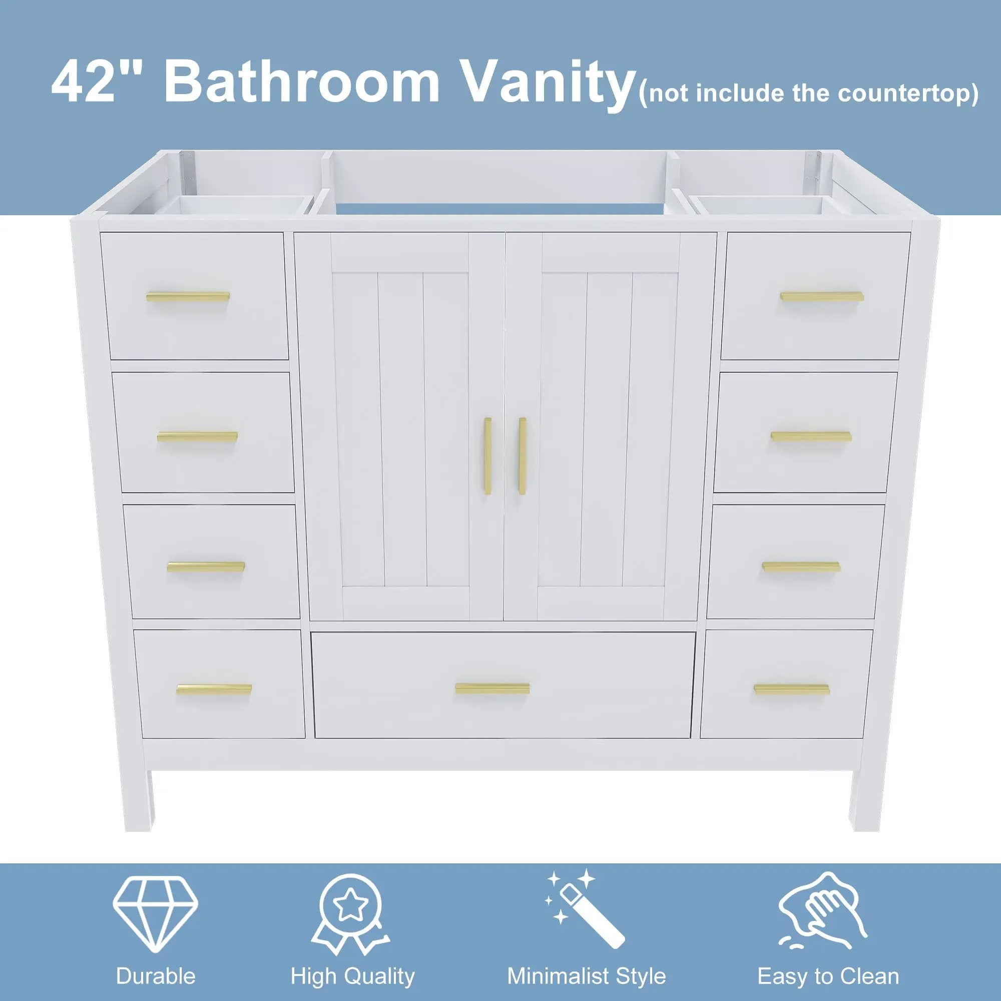 42" Bathroom Vanity Base Cabinet with 2 Soft-Close Double Doors & 9 Smooth Drawers by HouseOfZazla
