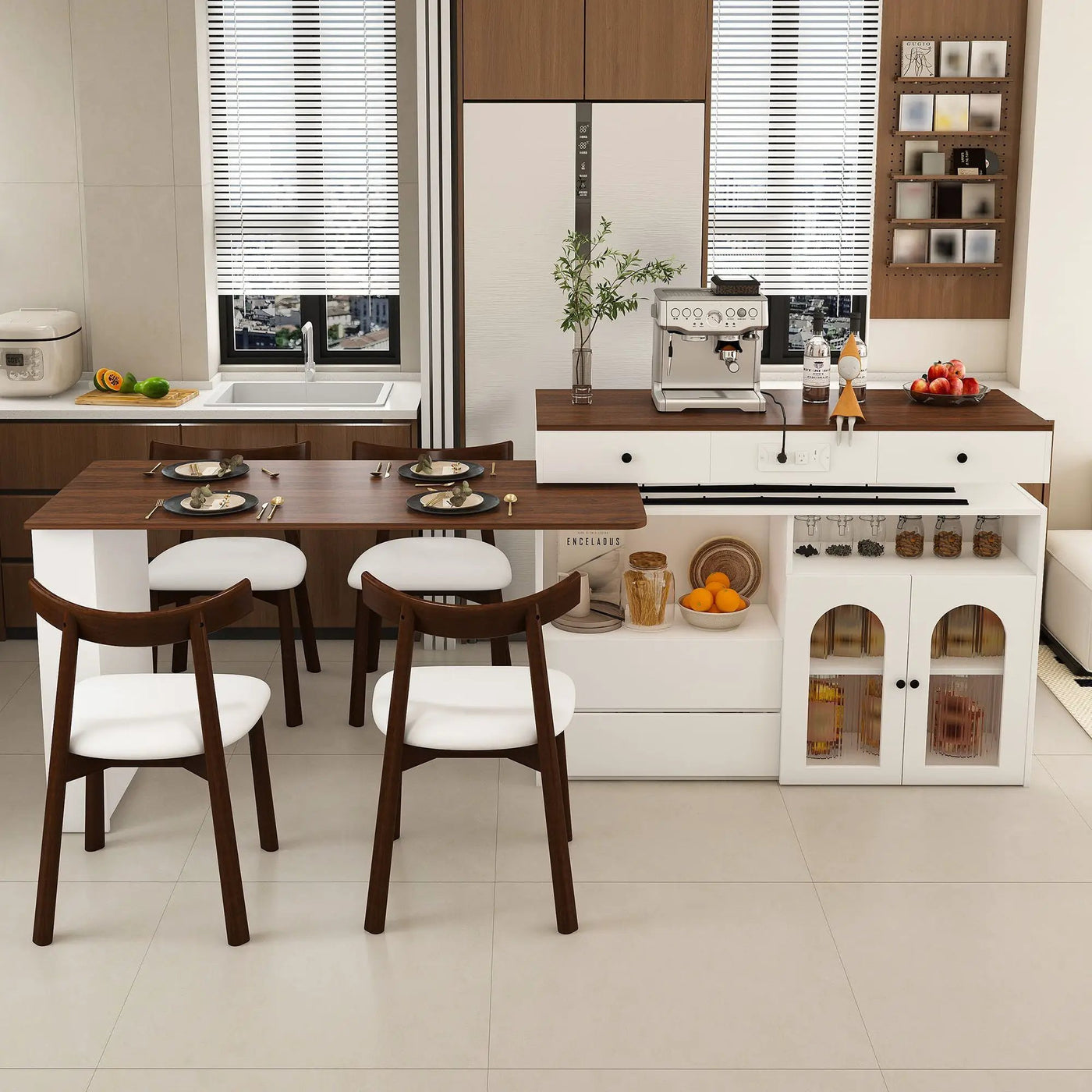 Retro Kitchen Island Set With Chairs, Extendable & Rotating Table, 4 Drawers & Door Cabinets by Unique Piece Furniture