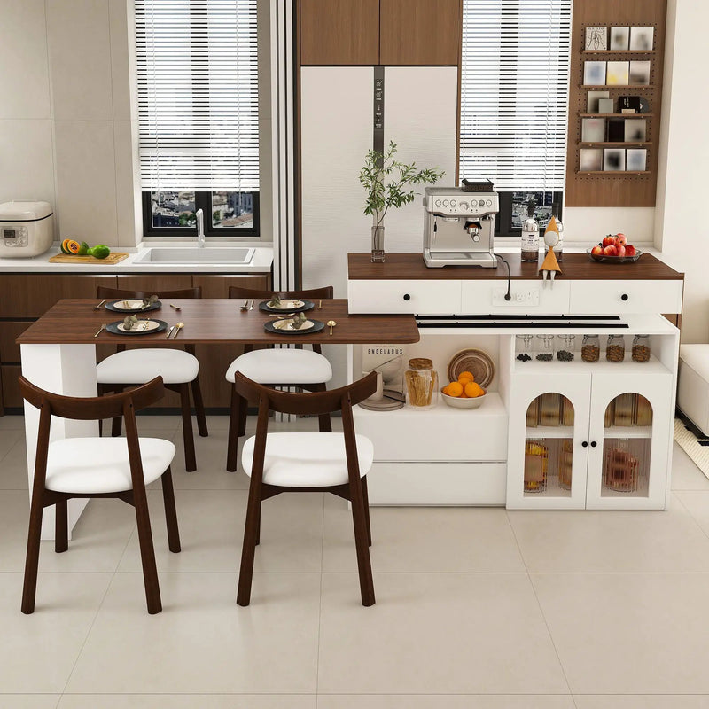 Retro Kitchen Island Set With Chairs, Extendable & Rotating Table, 4 Drawers & Door Cabinets by Unique Piece Furniture