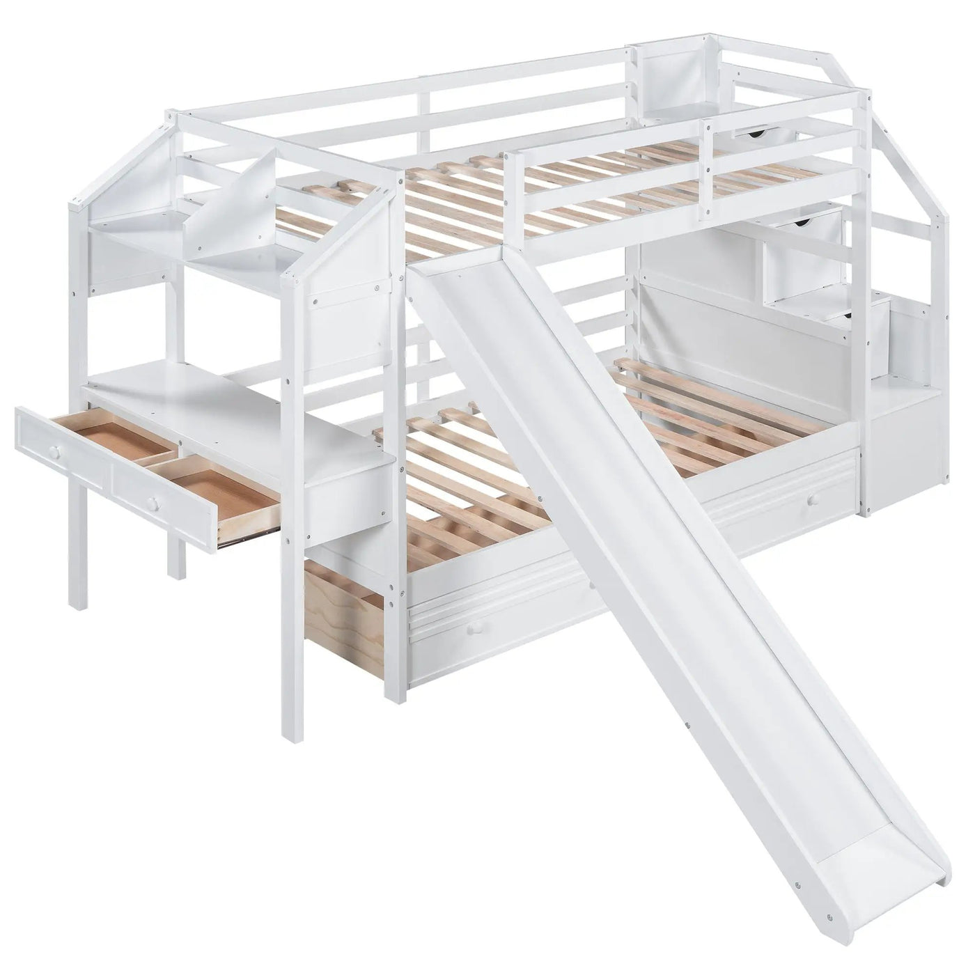 Bunk Bed With Storage Staircase, Slide, Desk, Drawers, And Shelves by HouseOfZazla