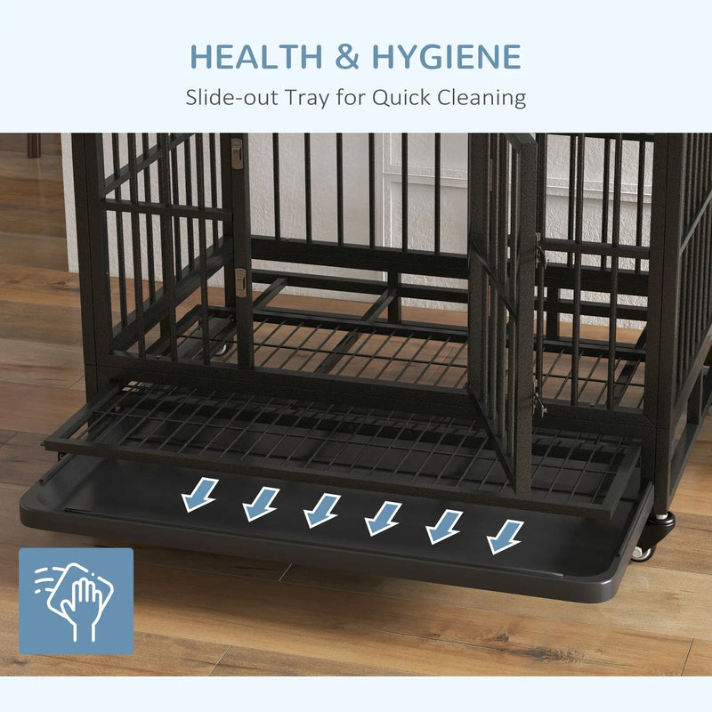 Pawhut - 36" Heavy Duty Dog Crate Metal Cage Kennel With Lockable Wheels, Double Door And Removable Tray - Gray by HouseOfZazla