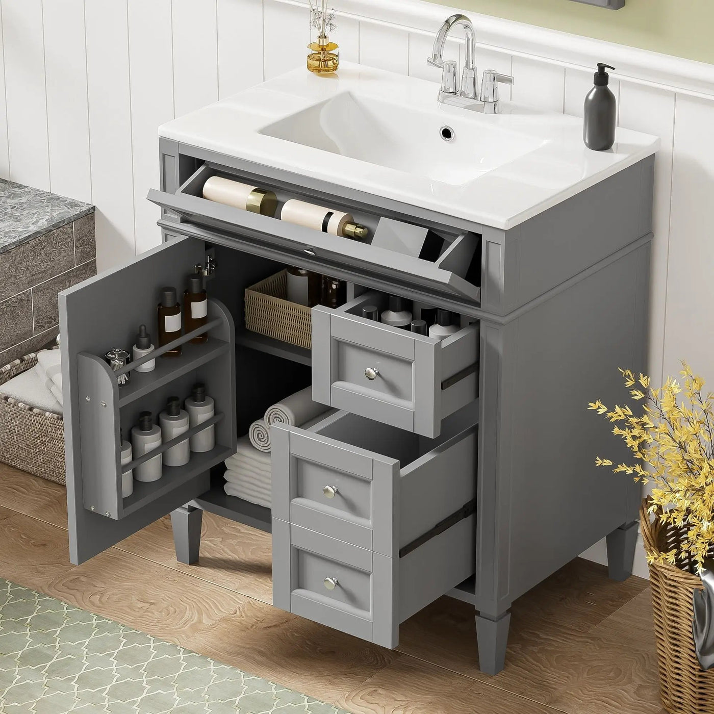 Bathroom Vanity With Top Sink, 2 Drawers & Tip Out Drawer by Unique Piece Furniture