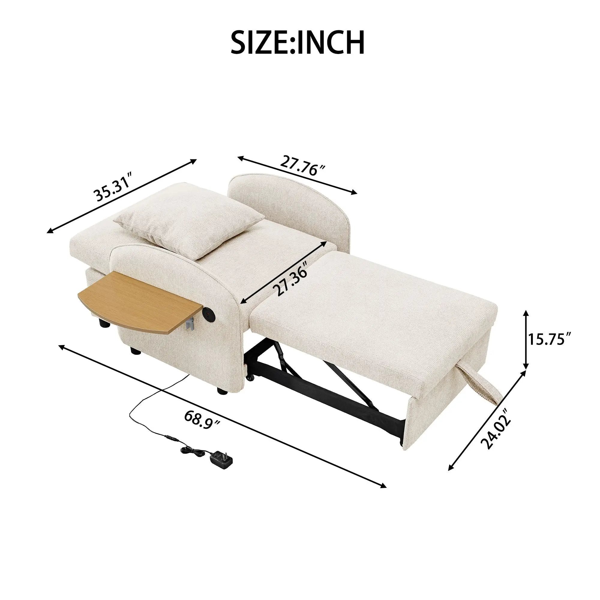 Convertible Single Chair Bed With Computer Board And USB Ports, 3 In 1 Sofa Bed - Beige by HouseOfZazla