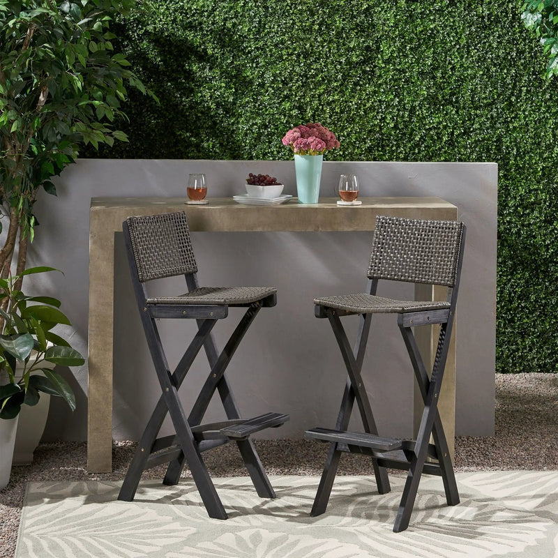 Outdoor Folding Acacia Wood Barstools With Rattan Backrest And Seat by HouseOfZazla