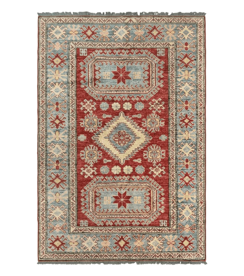 Turkish Kazak Rug 4x6, Handmade Vintage Wool Carpet, Geometric Design, Red and Light Blue by Jewel Rugs