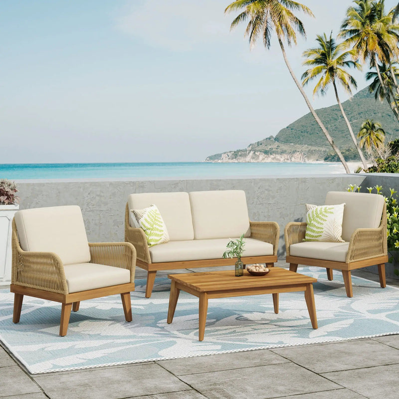 Hueber Outdoor And Rope 4 Seater Chat Set With Cushions - Teak by HouseOfZazla