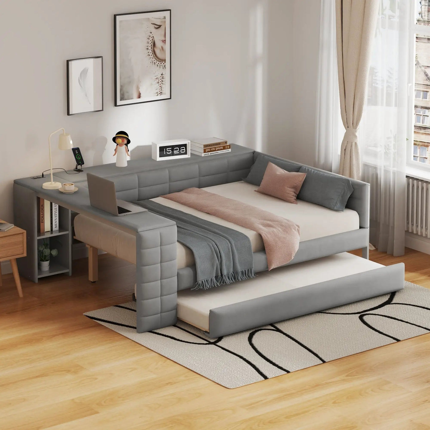 Upholstered Platform Bed With Storage Shelves, Desk, Charging Station And Trundle by Unique Piece Furniture