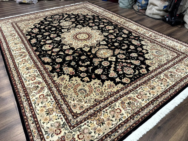 Sino Persian Rug 9x12, Black and Beige, Floral Medallion, Wool & Silk, Handmade by Jewel Rugs