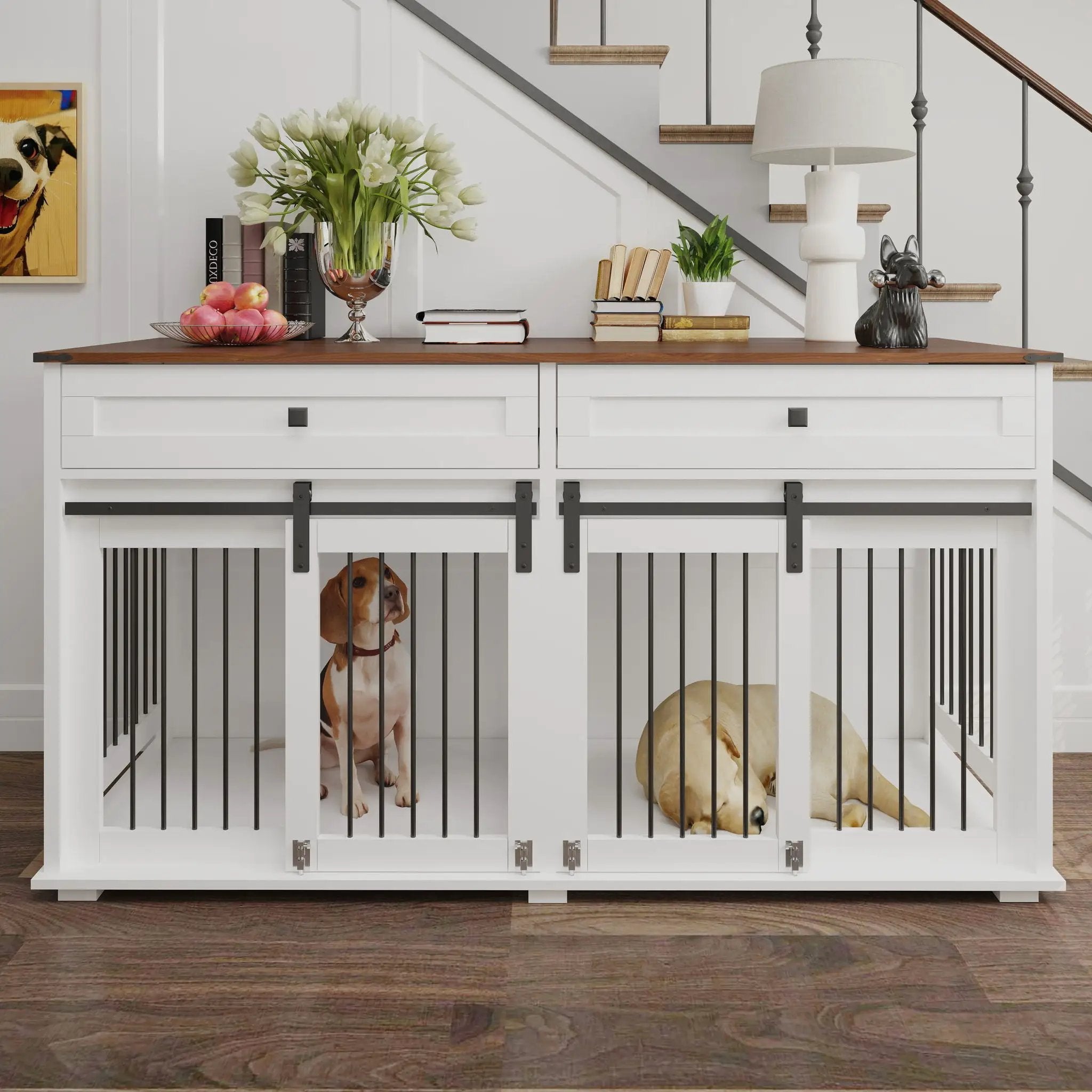 Large Dog Crate, Water Resistant Indoor Pets Furniture Double Dog Crates - Brown White by HouseOfZazla