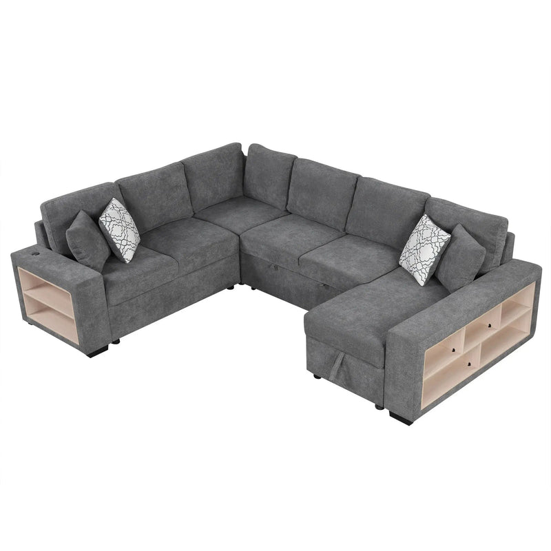 U-Shaped Sectional Sofa Pull-Out Sofa Bed With Two USB Ports, A Storage Chaise Lounge And Four Back Pillows For Living Room by HouseOfZazla
