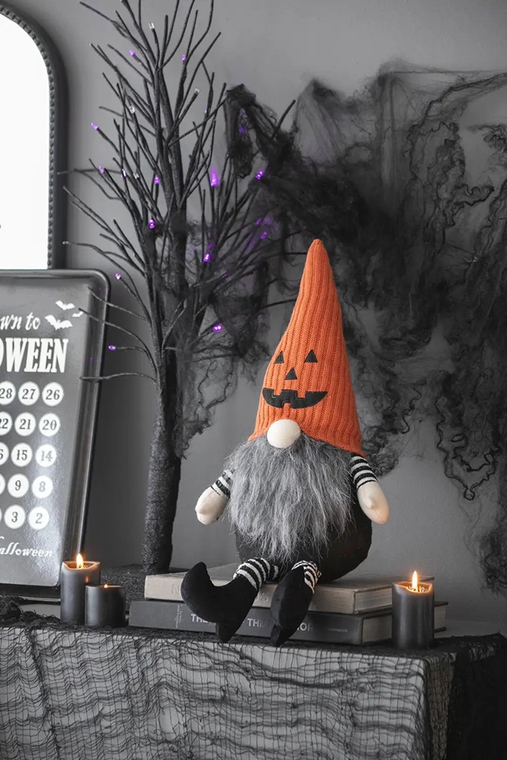 23.5" Seated Jack-O'-Lantern Gnome With Striped Limbs and Faux Fur Beard by HouseOfZazla