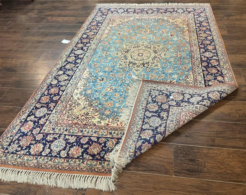 Light Blue Persian Isfahan Rug 5x8, Floral Medallion, Wool on Silk Foundation, Very Fine 530 KPSI, Handmade Carpet by Jewel Rugs