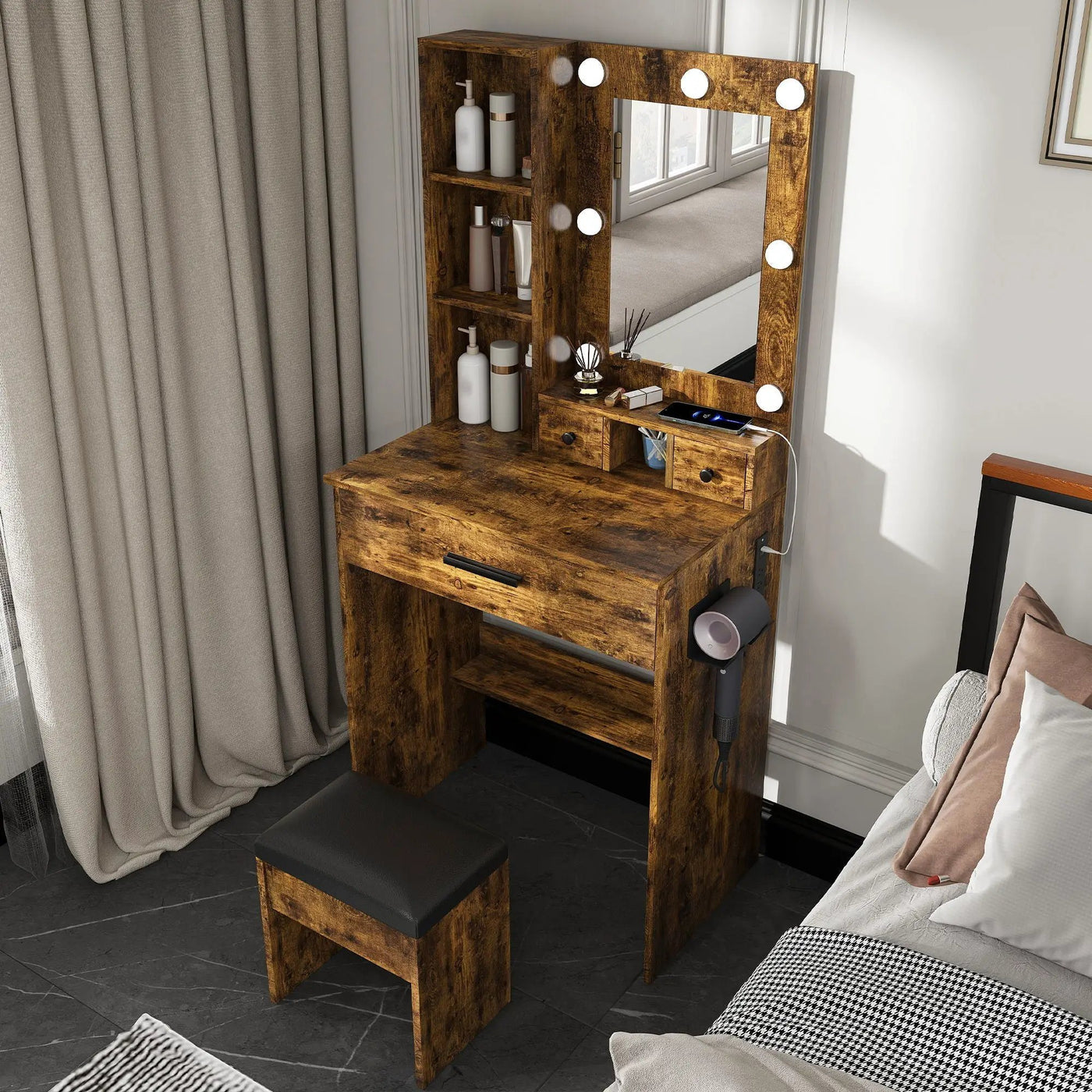 Vanity Table With Mirror, Adjustable LED Lights, Power Outlet, Hairdryer Holder & Stool by HouseOfZazla