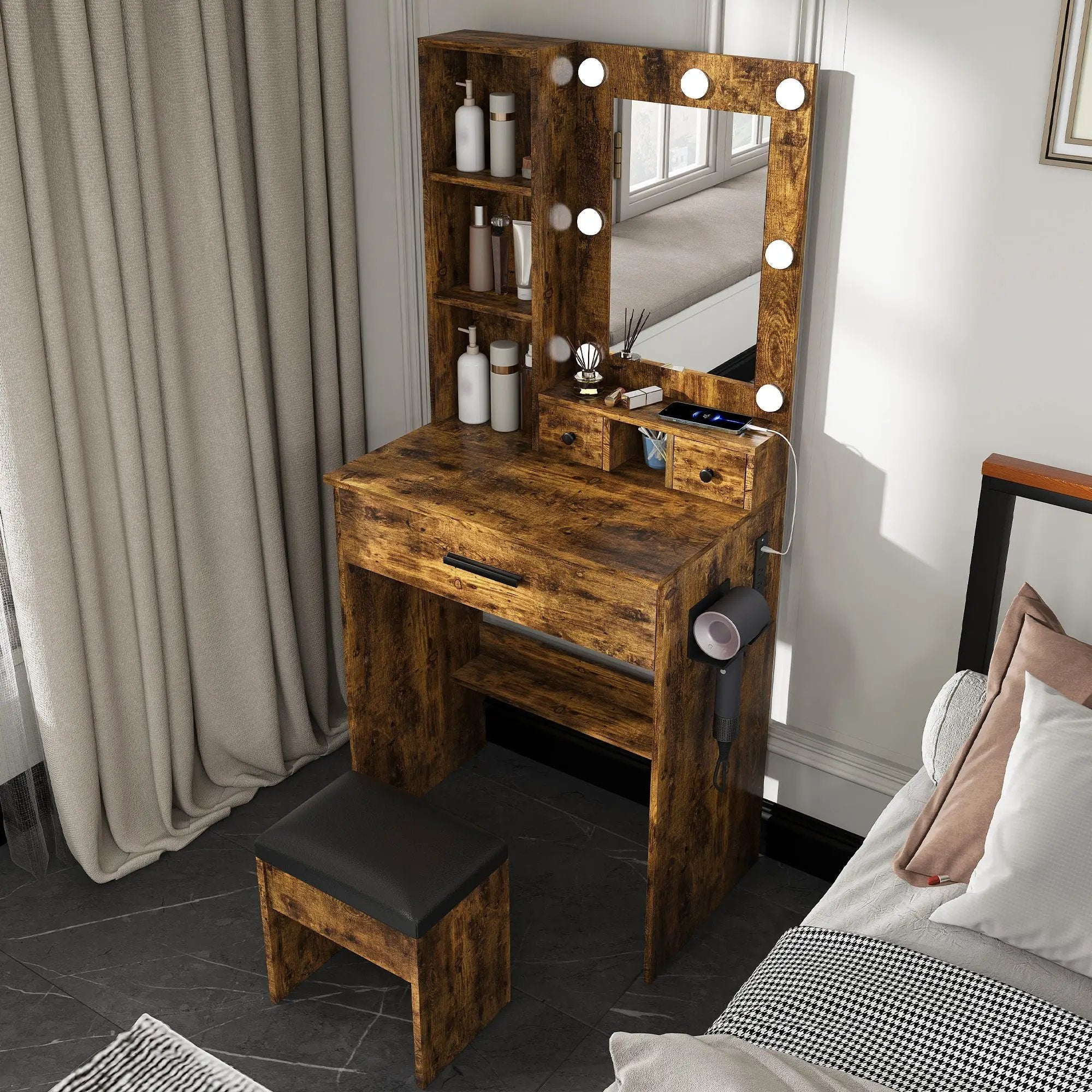 Vanity Table With Mirror, Adjustable LED Lights, Power Outlet, Hairdryer Holder & Stool by HouseOfZazla