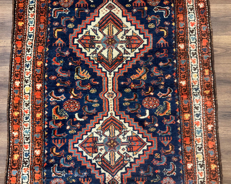 Antique Persian Hamadan Rug 4x6, Geometric, Double Medallions, Navy Blue, Tribal Carpet by Jewel Rugs