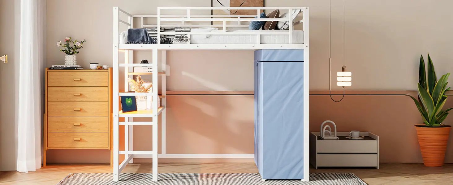 Loft Bed With Desk, Shelves, Power Outlet, LED Light And Wardrobe by HouseOfZazla