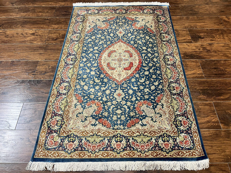 Magnificent Persian Qum Silk Rug 3x5, Blue, Super Fine 675 KPSI - 70 Raj, Floral Roses, Handmade Vintage Silk Carpet, Masterpiece by Jewel Rugs
