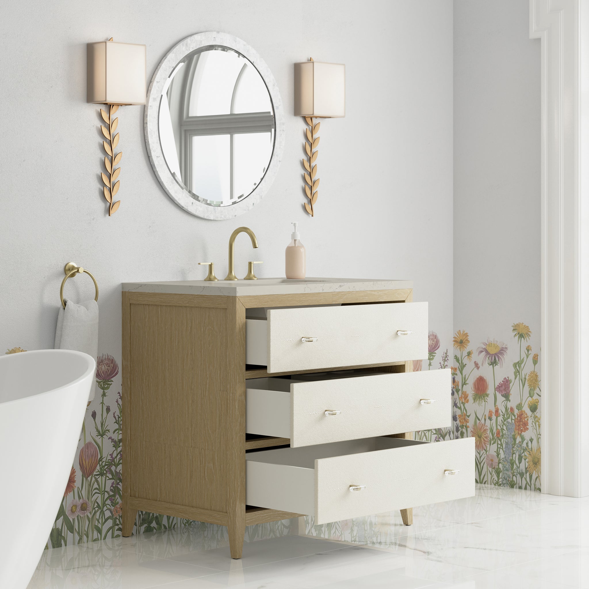James Martin Celeste 36" Single Bathroom Vanity, Sunwashed Oak with Embossed Shagreen Drawer Fronts, view 35