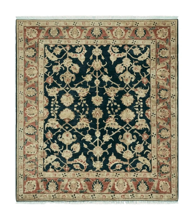 8' X 9' Handmade Pakistan Wool Cotton Rug Peshawar Black Floral Nice # 200C by Jewel Rugs
