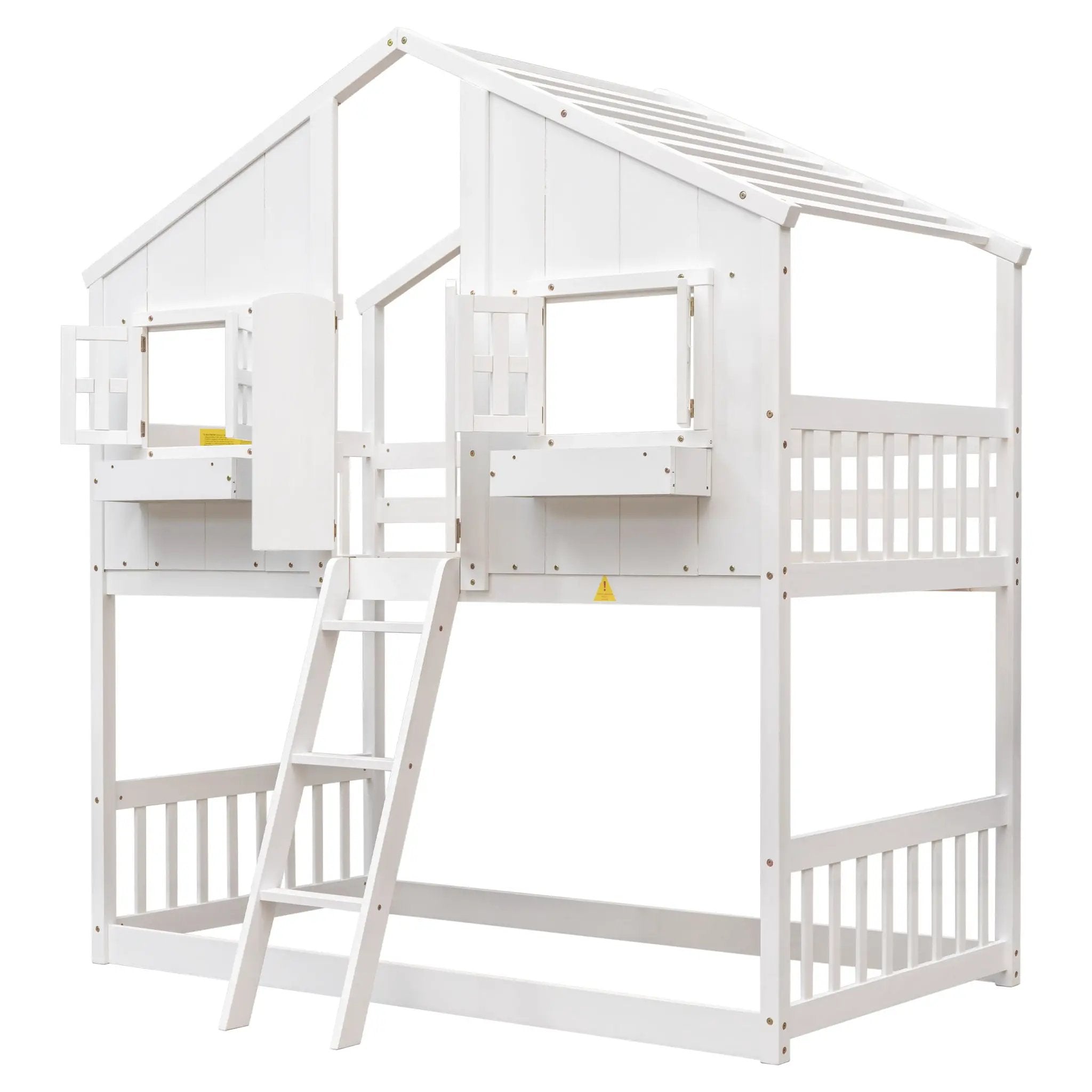 House Bunk Bed With Roof, Window, Window Box, Door, With Safety Guardrails And Ladder by HouseOfZazla