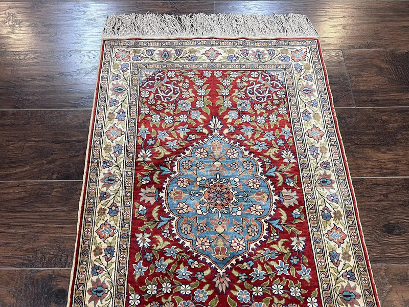 Silk Turkish Kayseri Rug 2x3, Small All Silk Turkish Carpet, Red and Light Blue, Very Fine Hand Knotted Semi Antique Vintage Handmade Rug by Jewel Rugs