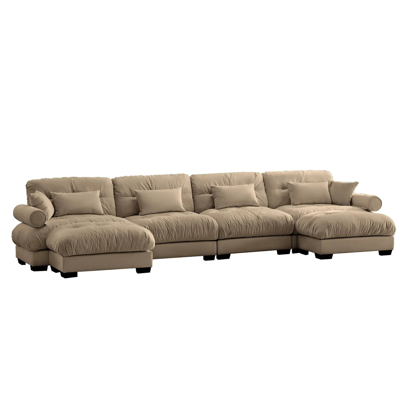 Modern Sectional Sofa With Ottoman, Round Bolster Armrests, Waist And Throw Pillows by Unique Piece Furniture