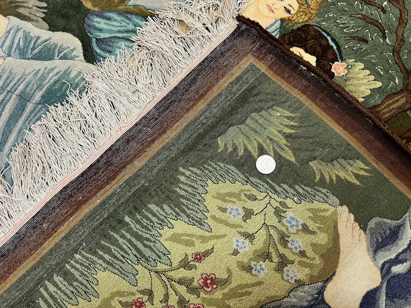 Persian Tabriz Pictorial Rug 5x3, Women Laying By River, Super Fine 60 Raj 480+ KPSI, Hand Knotted Wool Rug, Semi Antique Vintage Oriental Carpet by Jewel Rugs