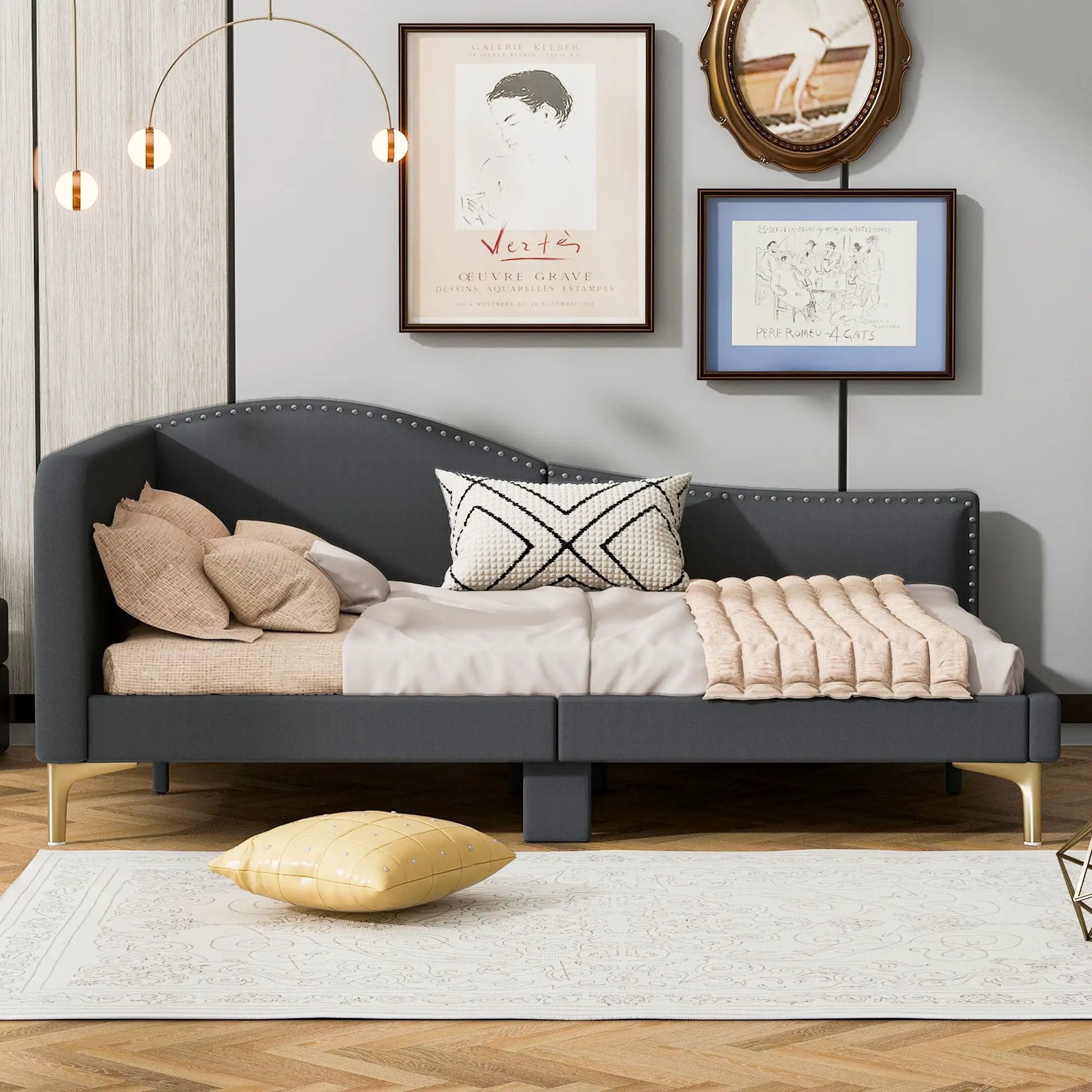 Upholstered Daybed With Headboard And Armrest, Support Legs by HouseOfZazla