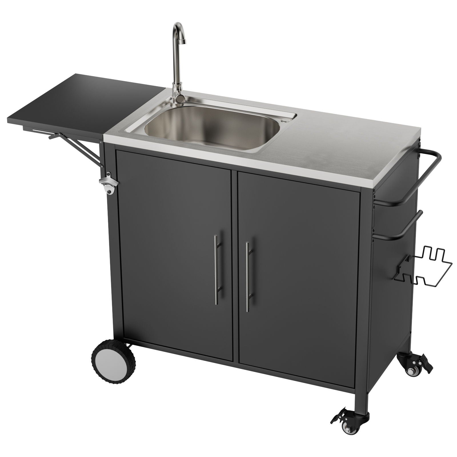 Outdoor Grill Table With Sink, Worktable Kitchen Cabinet Island With Wheels & Foldable Top - Black by HouseOfZazla