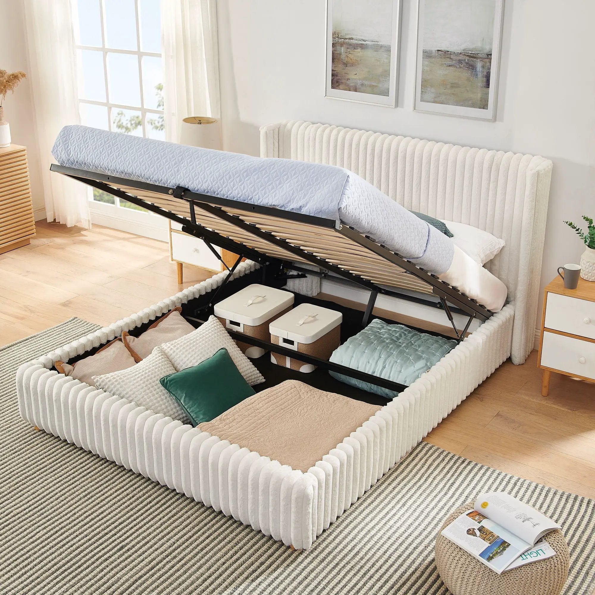 Functional Vertical Striped Bed With Gas Lift Storage by Unique Piece Furniture