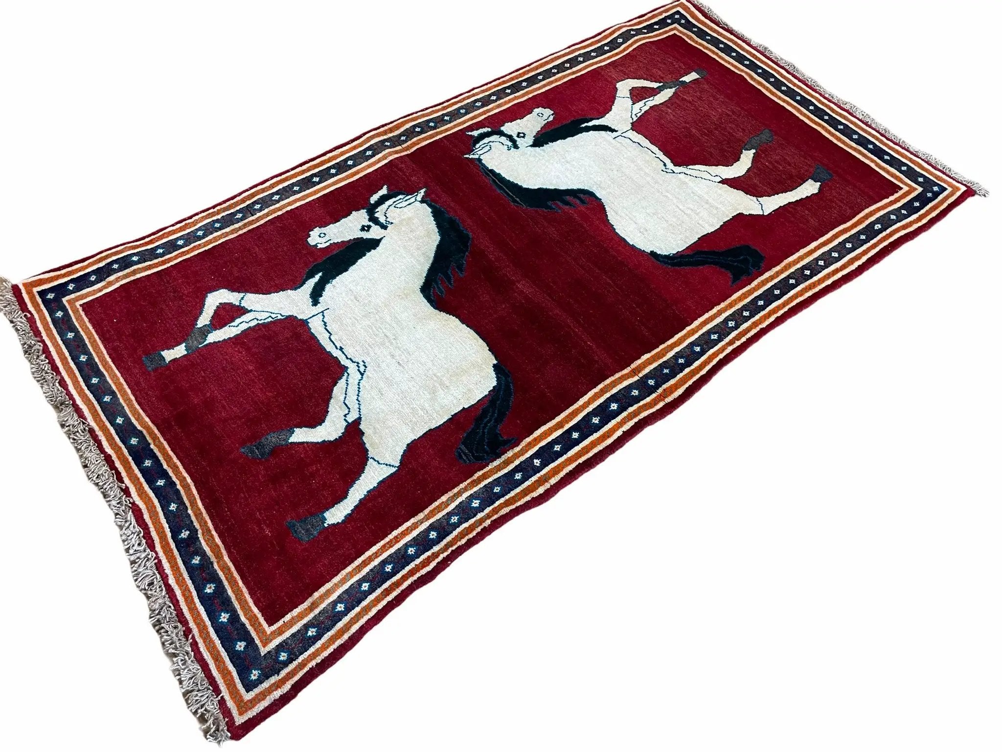 3.5 X 6 Handmade Hand-Knotted New Vintage Rug Quality Wool White Horses Red by Jewel Rugs