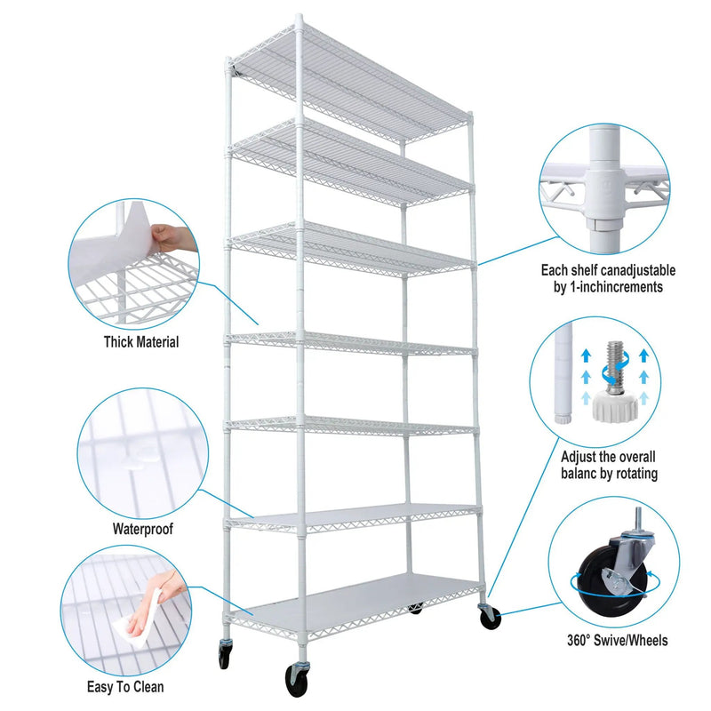 7 Tier Metal Shelf Wire Shelving Unit, 2450Lbs Heavy Duty Adjustable Storage Rack With Wheels & Shelf Liners For Closet Kitchen Garage Basement Commercial Shelving by Unique Piece Furniture