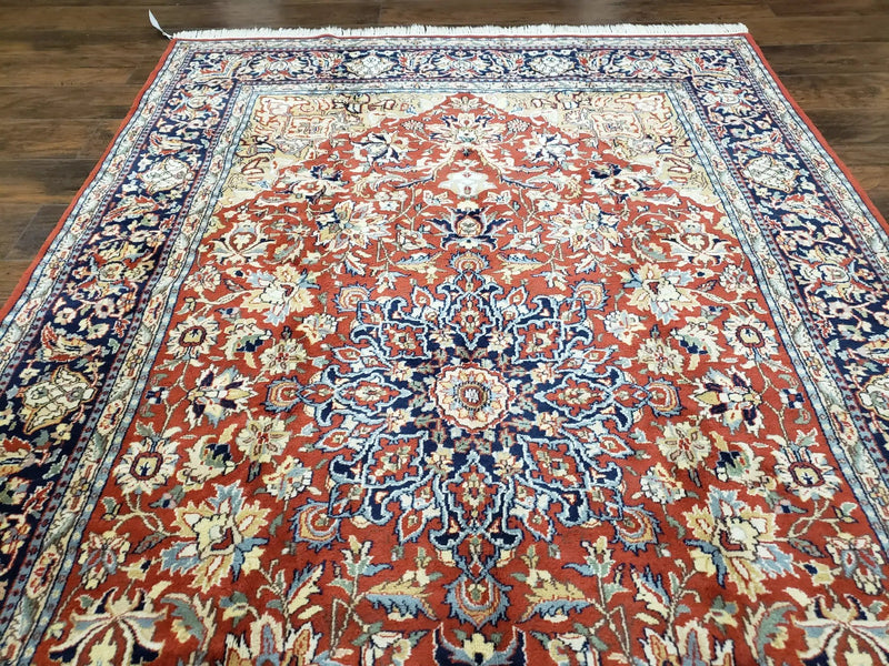 Vintage Indo Persian Oriental Rug 6 x 9.6, Wool Hand-Knotted Red Dark Blue & Gold Indian Carpet, 6 x 9 Office Room Rug, Floral Medallion by Jewel Rugs
