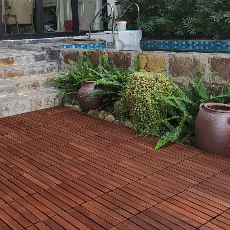 Interlocking Deck Tiles Striped Pattern, Square Acacia Hardwood Outdoor Flooring For Patio, Bancony, Pool Side by HouseOfZazla
