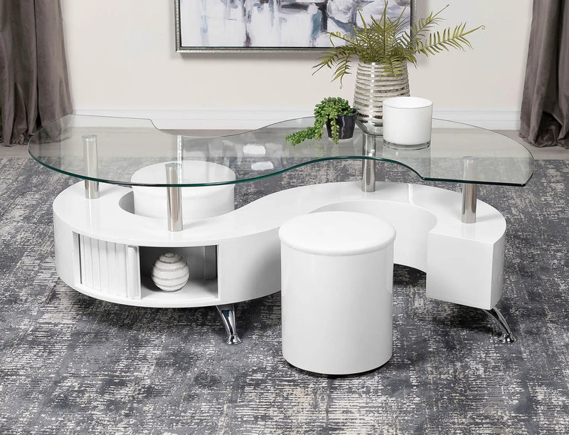 Buckley 3-piece Coffee Table and Stools Set White High Gloss by Unique Piece Furniture