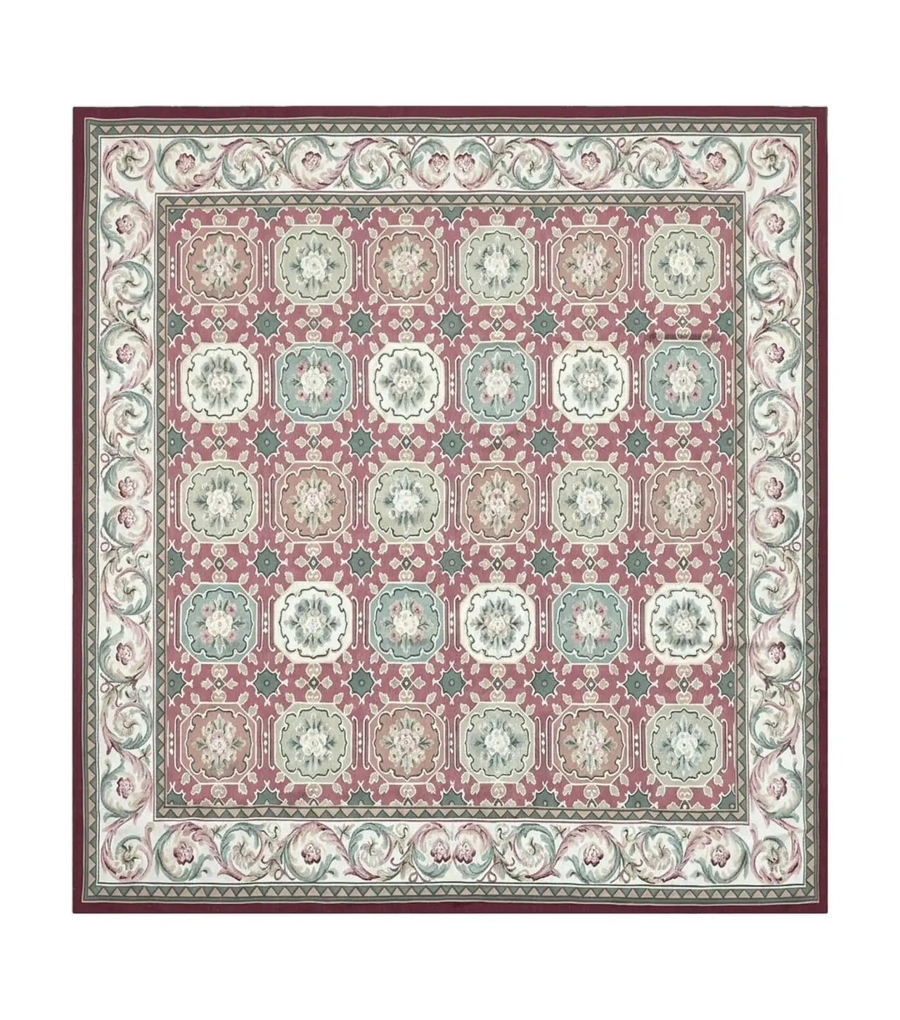 Square Aubusson Rug 9x9, Panel Design, European French English Carpet, Wool by Jewel Rugs