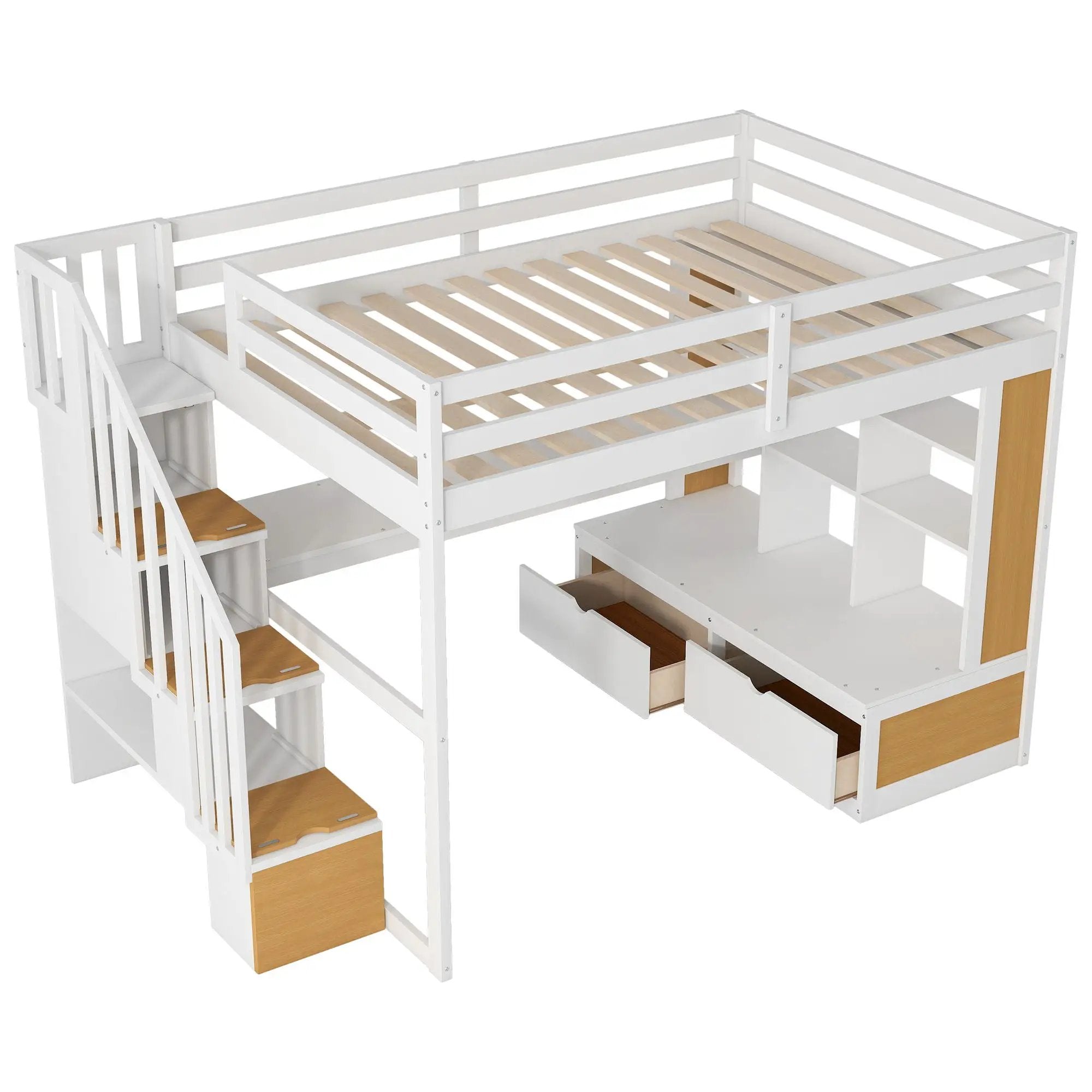Full Size Loft Bed With Desk And Shelves, 2 Built In Drawers, Storage Staircase - Natural / White by HouseOfZazla