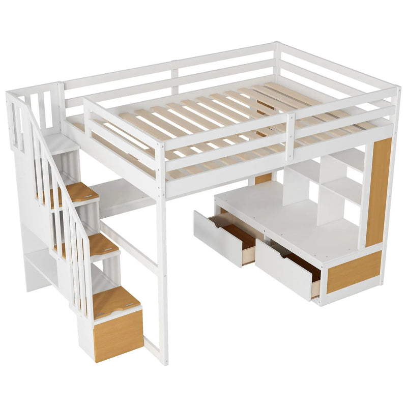 Full Size Loft Bed With Desk And Shelves, 2 Built In Drawers, Storage Staircase - Natural / White by HouseOfZazla
