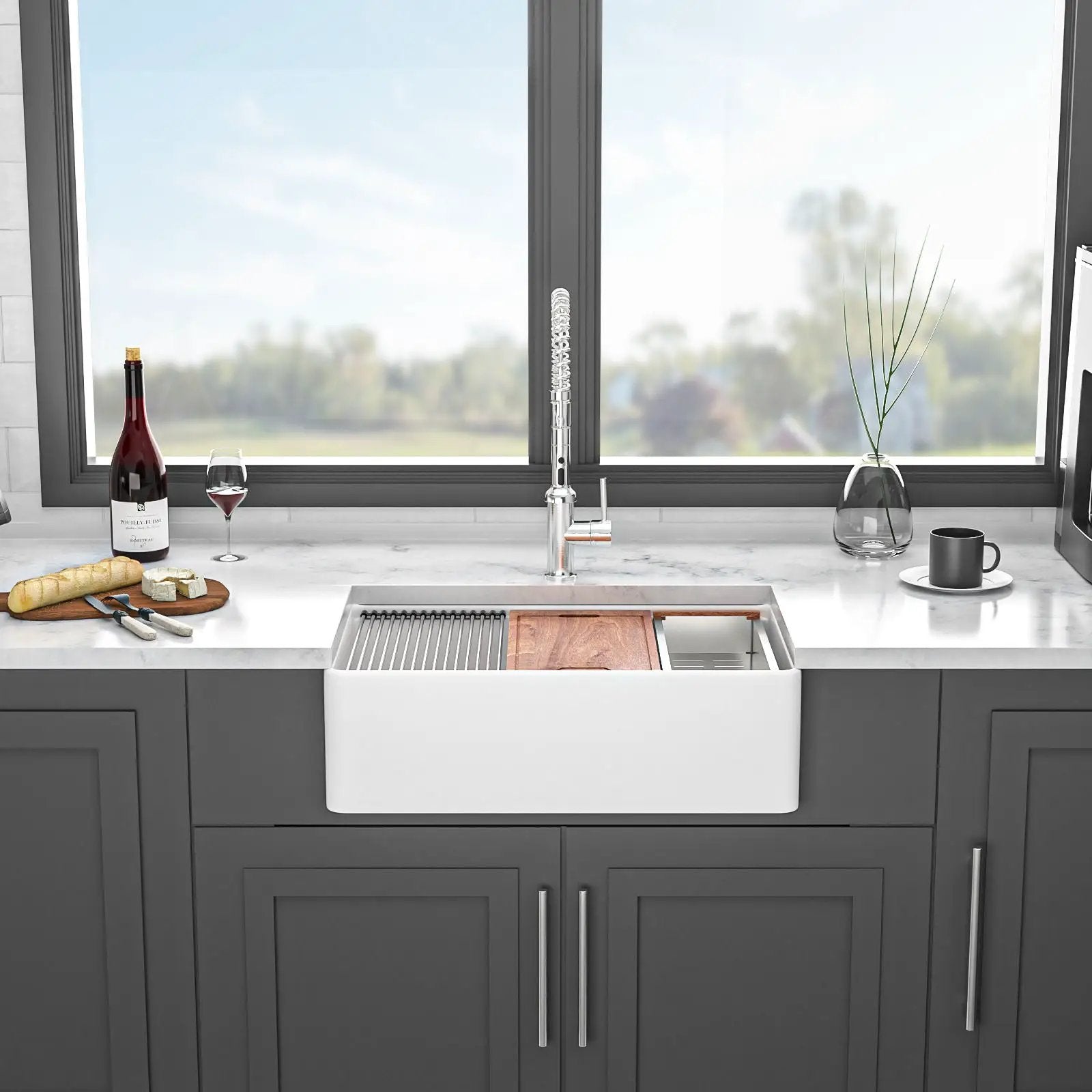 Double Bowl Sink Workstation 33" With Built In Work Surface And Accessories - White by HouseOfZazla