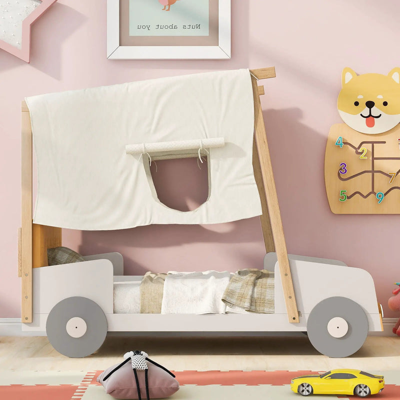 Twin Size Car Bed With Pillow, Ceiling Cloth And LED - Natural by Unique Piece Furniture