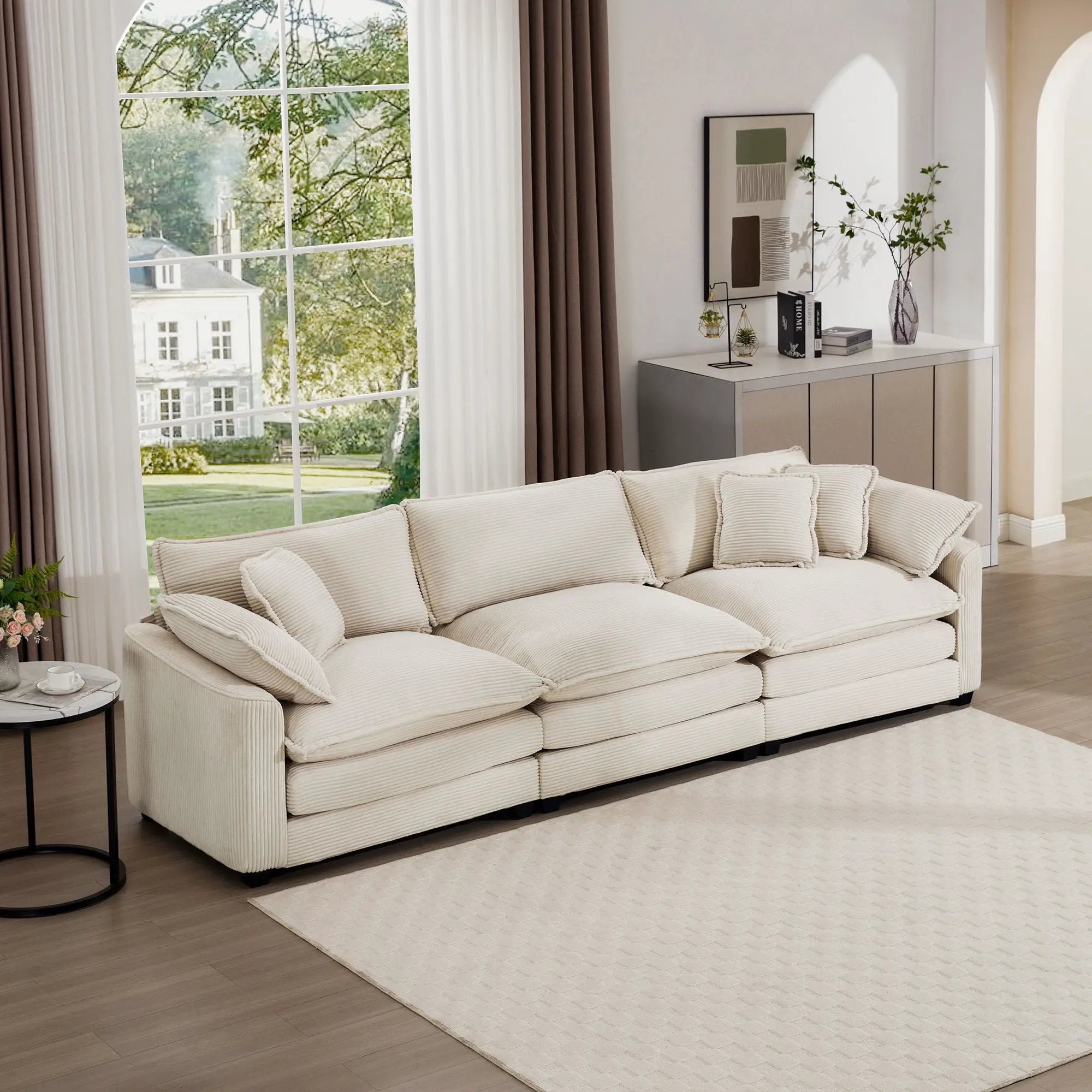 Mid-Century Modern 3 Seater Sectional Sofa With Arm And Throw Pillows by Unique Piece Furniture